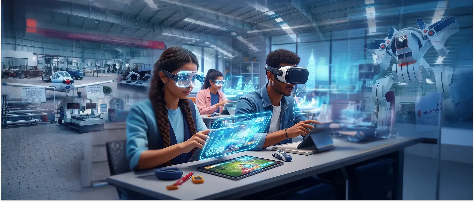 Students using AR and VR technology in a modern lab